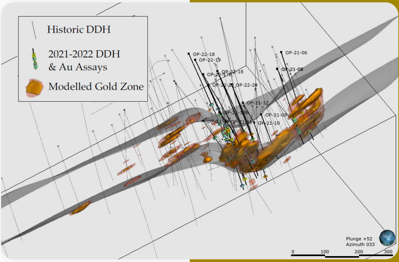 3D model of historic and 2021 to 2022 drilling with modelled gold zones.